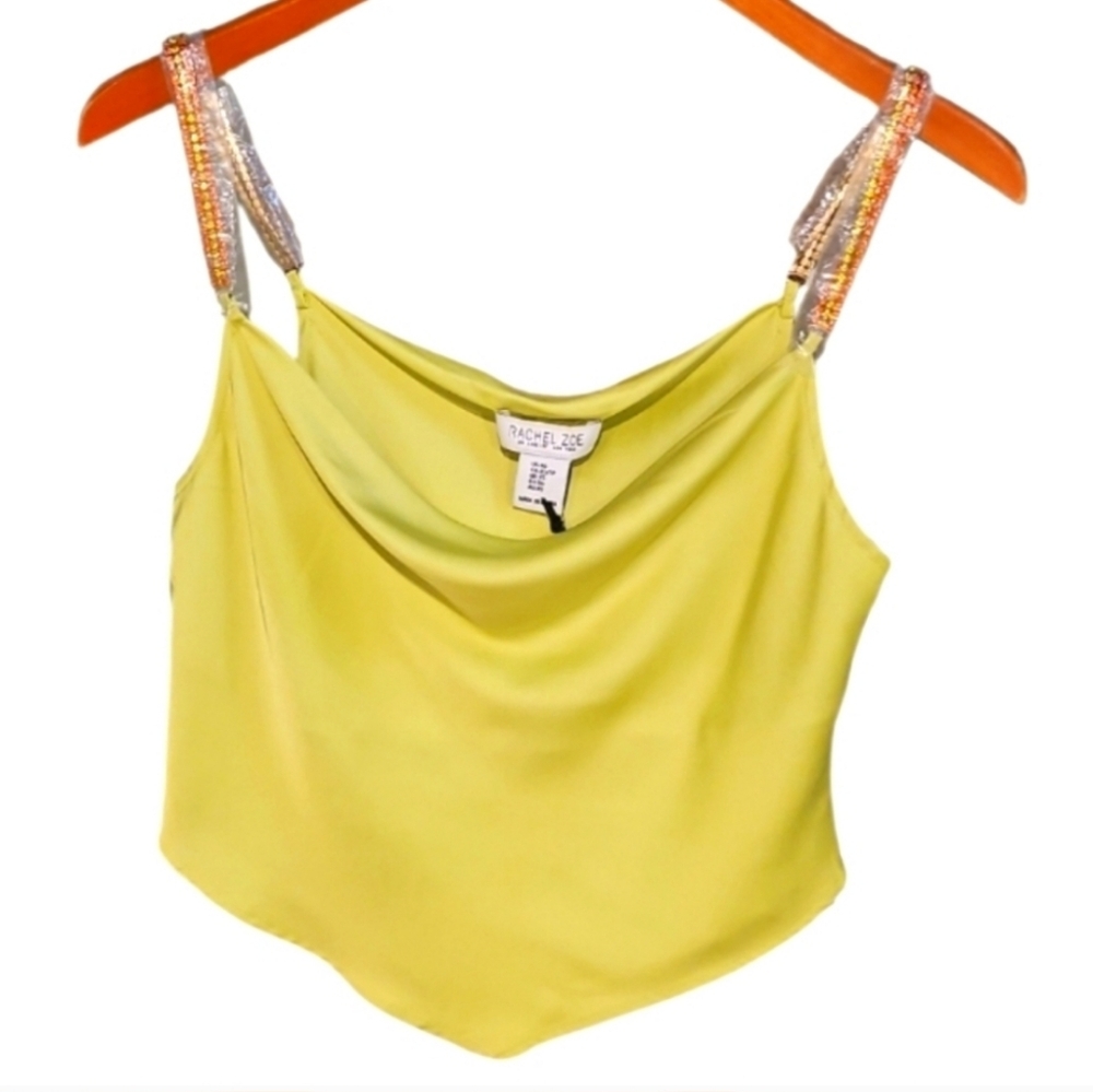 NEW! RACHEL ZOE Draped Neckline Satin Handkerchief Top With Rhinestone Straps XS